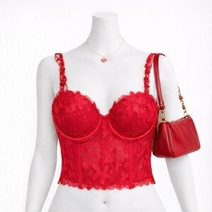 NWT Victoria’s Secret Red Floral Lace Longline Bustier Corset Top (34D)